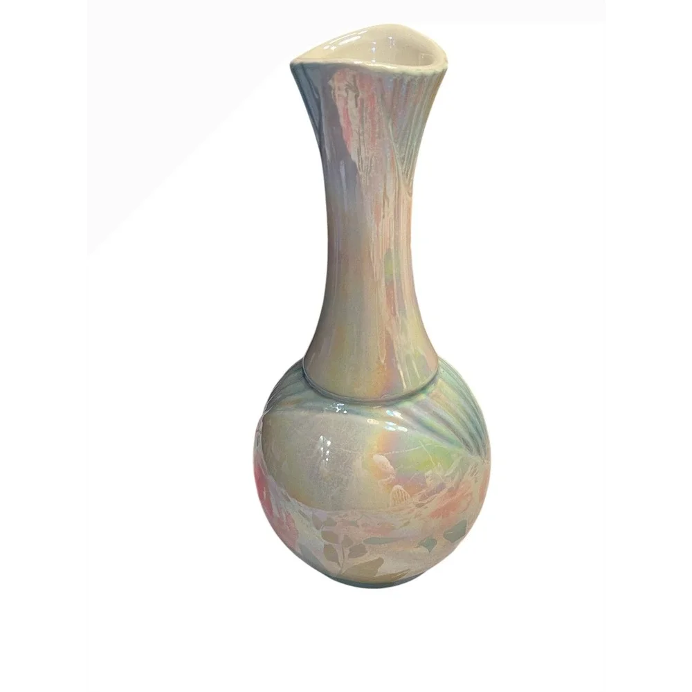 Vtg Iridescent Ceramic Vase 12